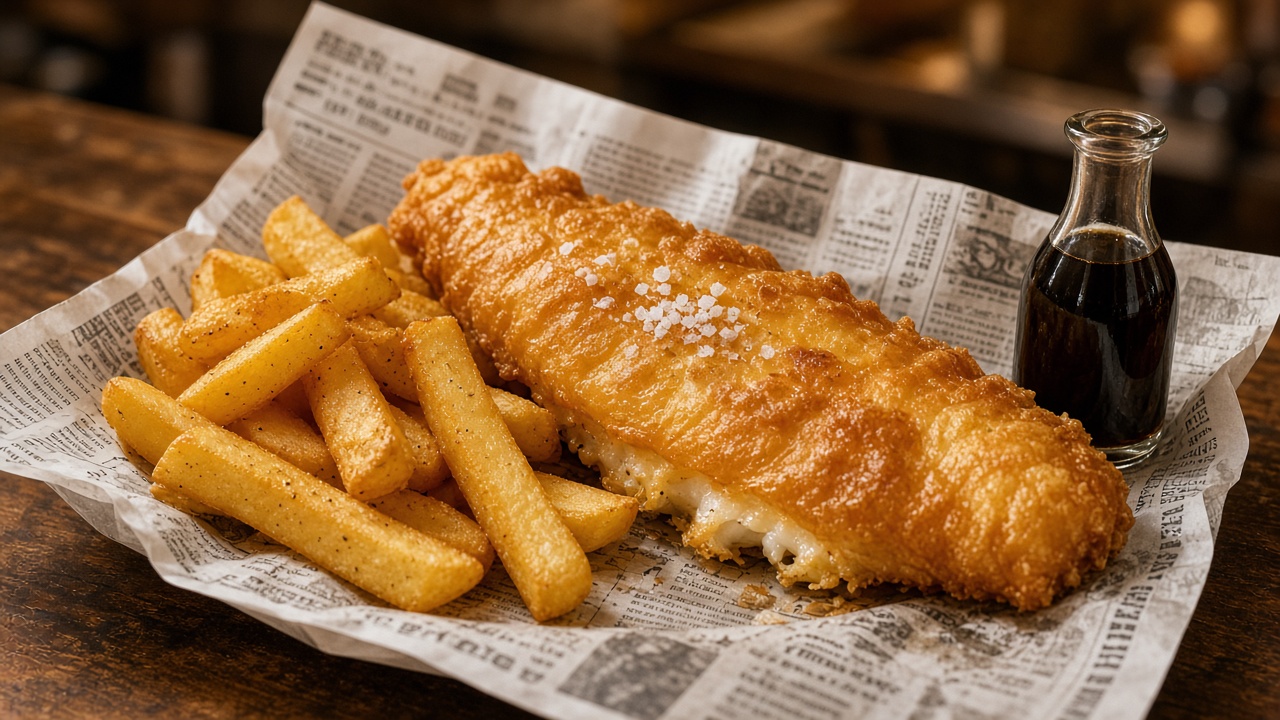 Illustrated fish and chips in paper. Not a labelled portion from this counter.