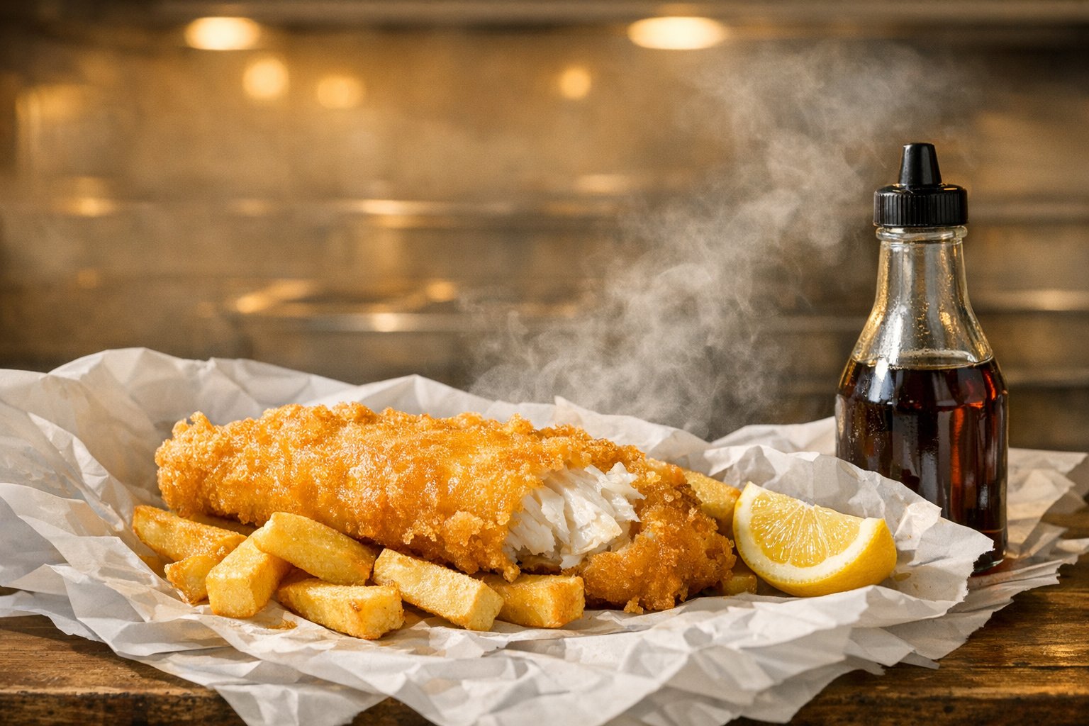 Illustrated fish and chips in paper with malt vinegar. Not a labelled photograph from this shop.